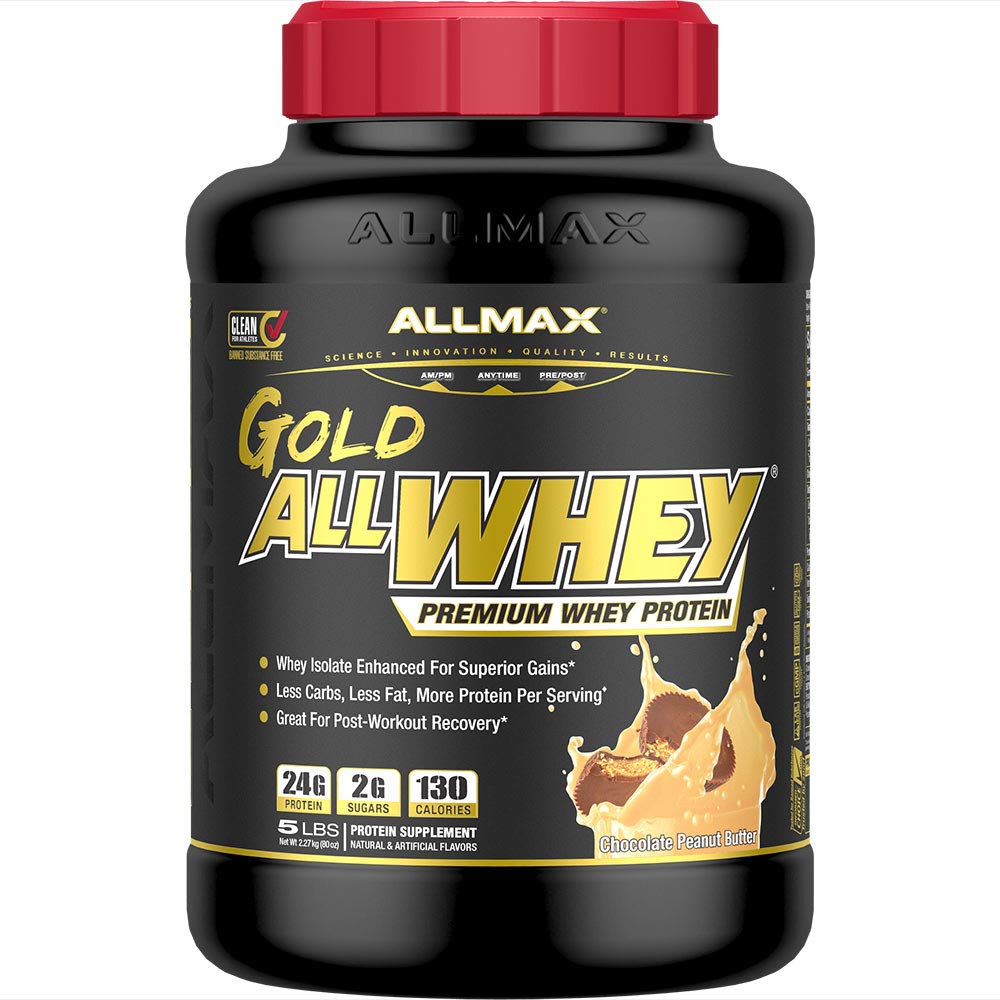 Allmax Gold ALLWHEY pote 5lb chocolate cacahuete, sabor delicioso para recuperación y crecimiento.