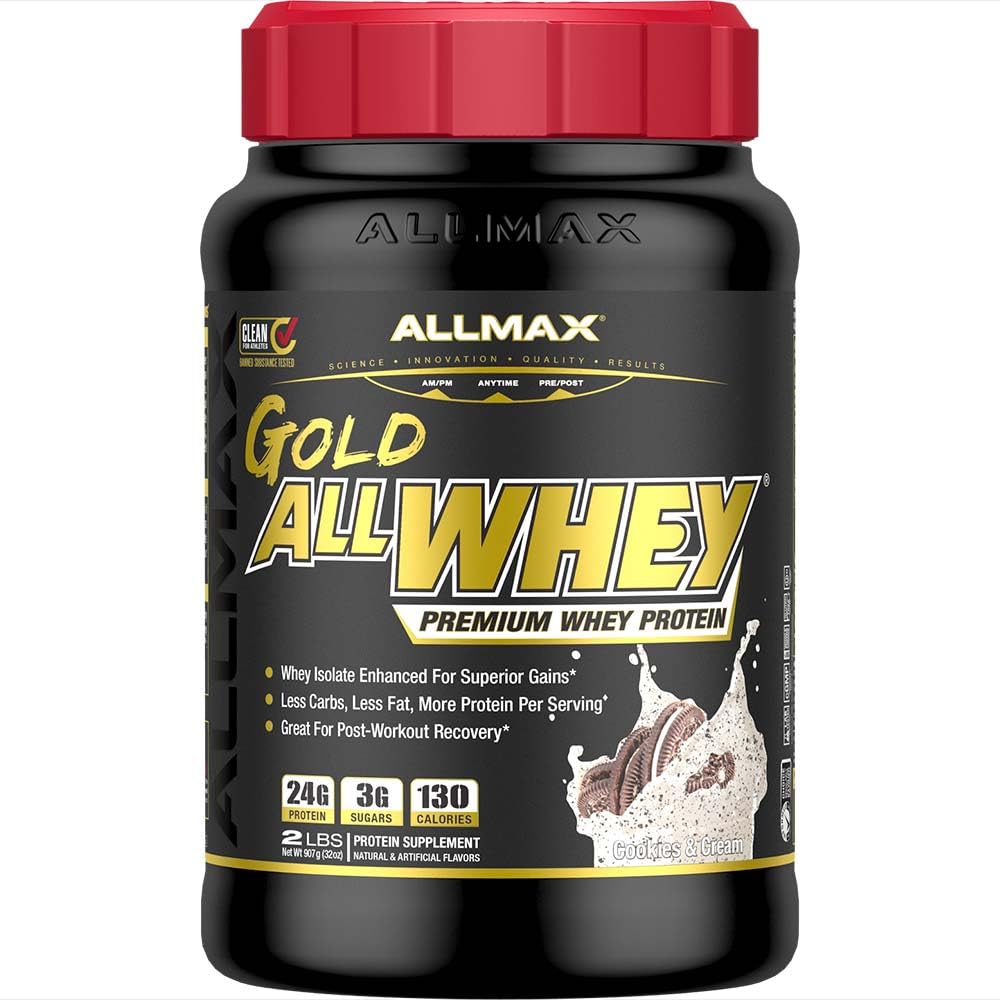 ALLMAX Gold ALLWHEY, proteína sabor galletas crema, ideal para recuperación post entreno