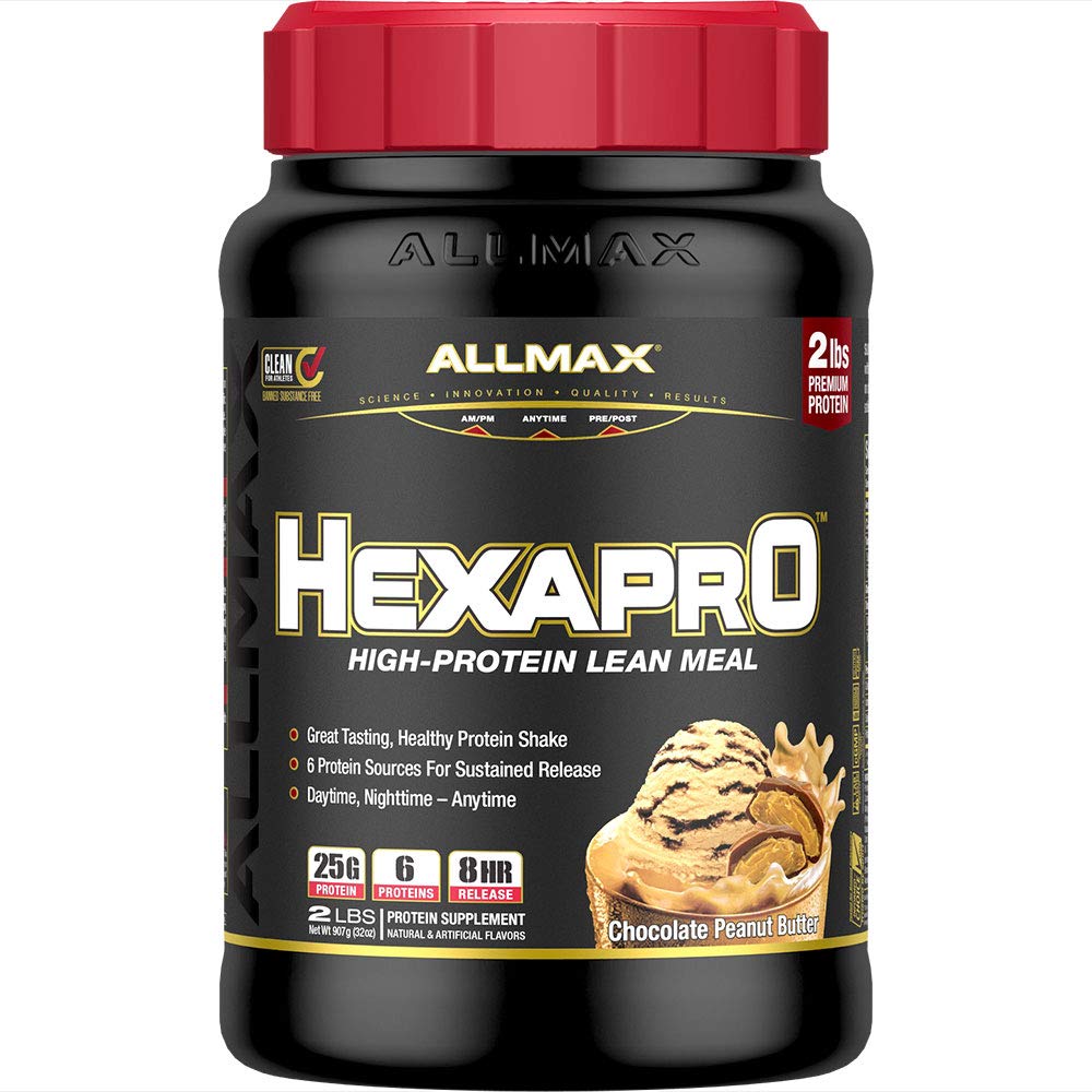 ALLMAX HEXAPRO bote chocolate mantequilla de maní, 2 lb, proteína de alta calidad para la recuperación