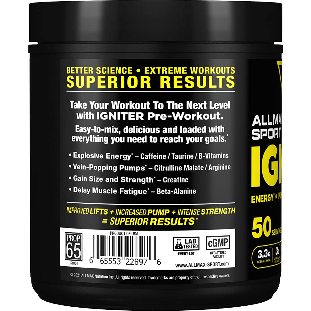 ALLMAX IGNITER Sport potencia el oxido nitrico para mayor vascularidad durante el entrenamiento.