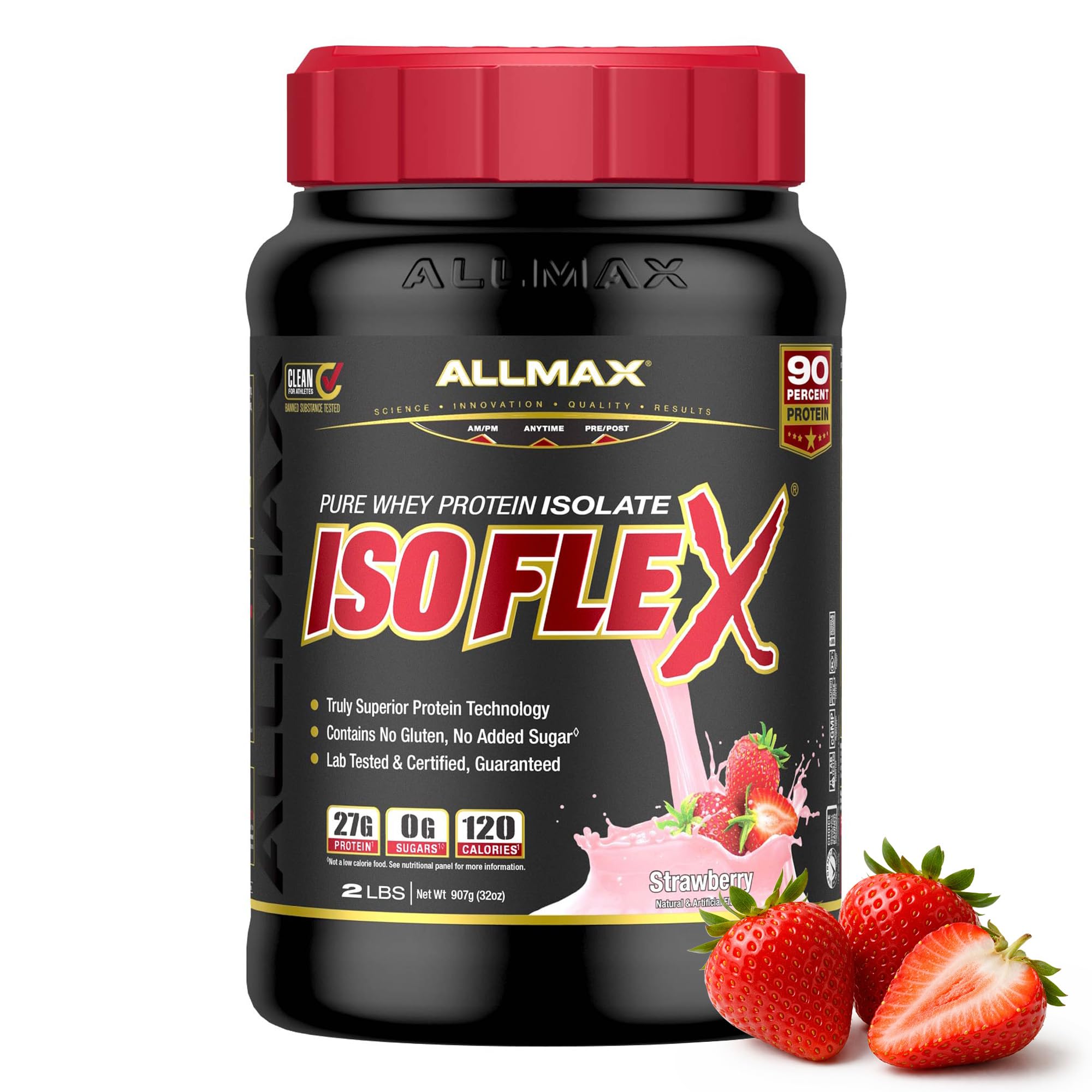 ALLMAX ISOFLEX envase frontal, proteína limpia para recuperación muscular.