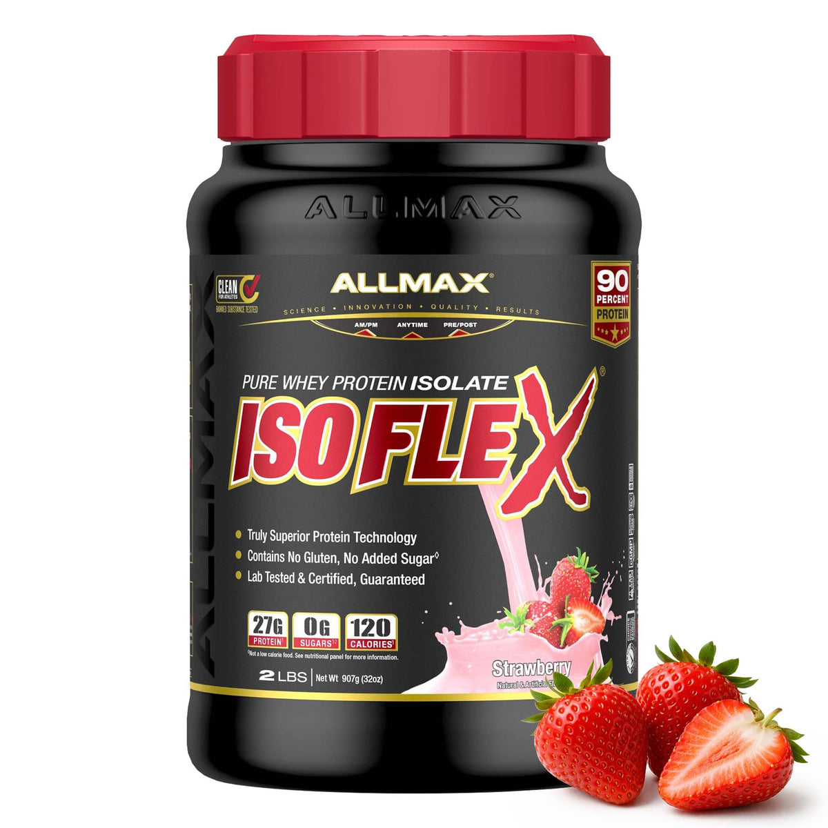 ALLMAX ISOFLEX envase frontal, proteína limpia para recuperación muscular.