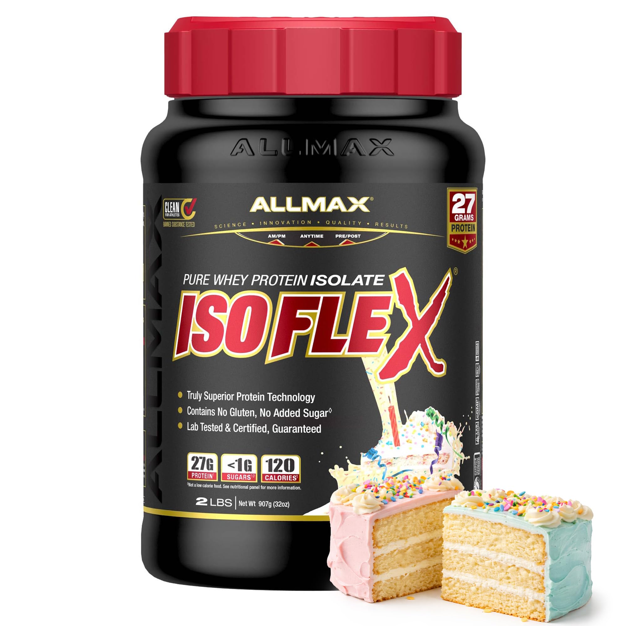 ALLMAX ISOFLEX envase de proteína aislada para recuperación limpia.