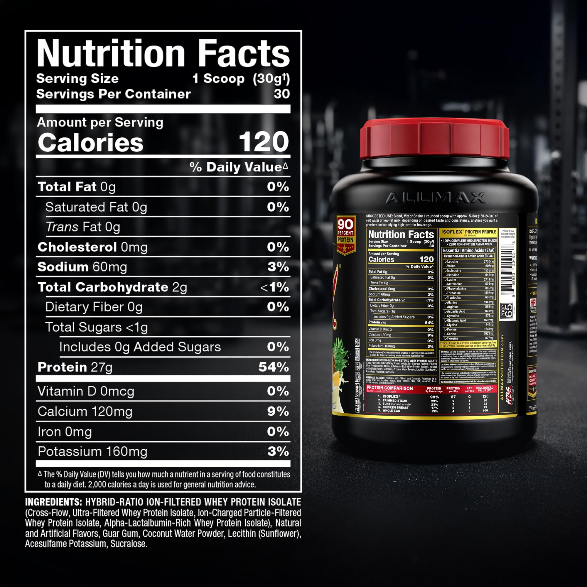 ALLMAX IsoFlex piña-colada: fórmula baja en lactosa para estómagos sensibles.