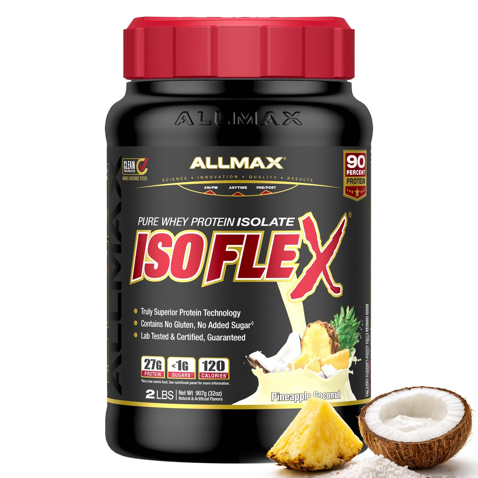 ALLMAX IsoFlex piña-colada: envase que resalta la pureza de la proteína aislada.