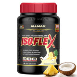 ALLMAX IsoFlex piña-colada: envase que resalta la pureza de la proteína aislada.