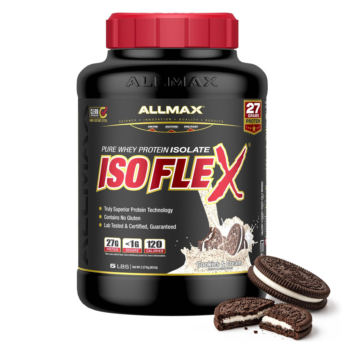 ALLMAX ISOFLEX proteina aislada en bote para recuperación muscular limpia