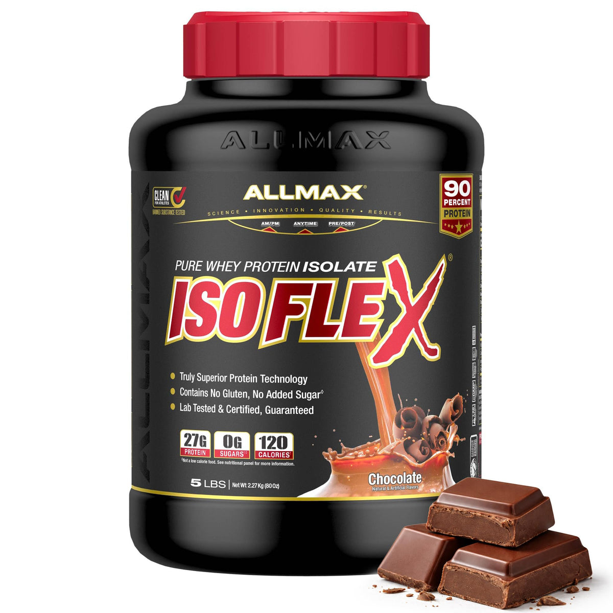 ALLMAX Isoflex polvo aislado de suero, vista frontal del envase.