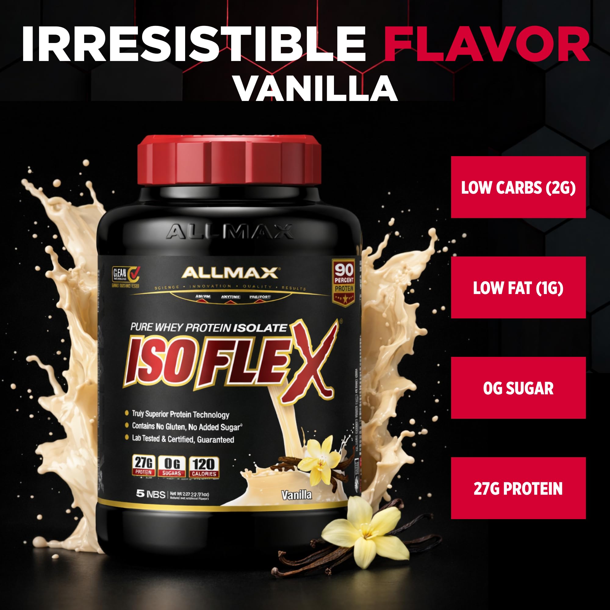 ALLMAX Isoflex Vanilla con cuchara de medición para dosis precisas.