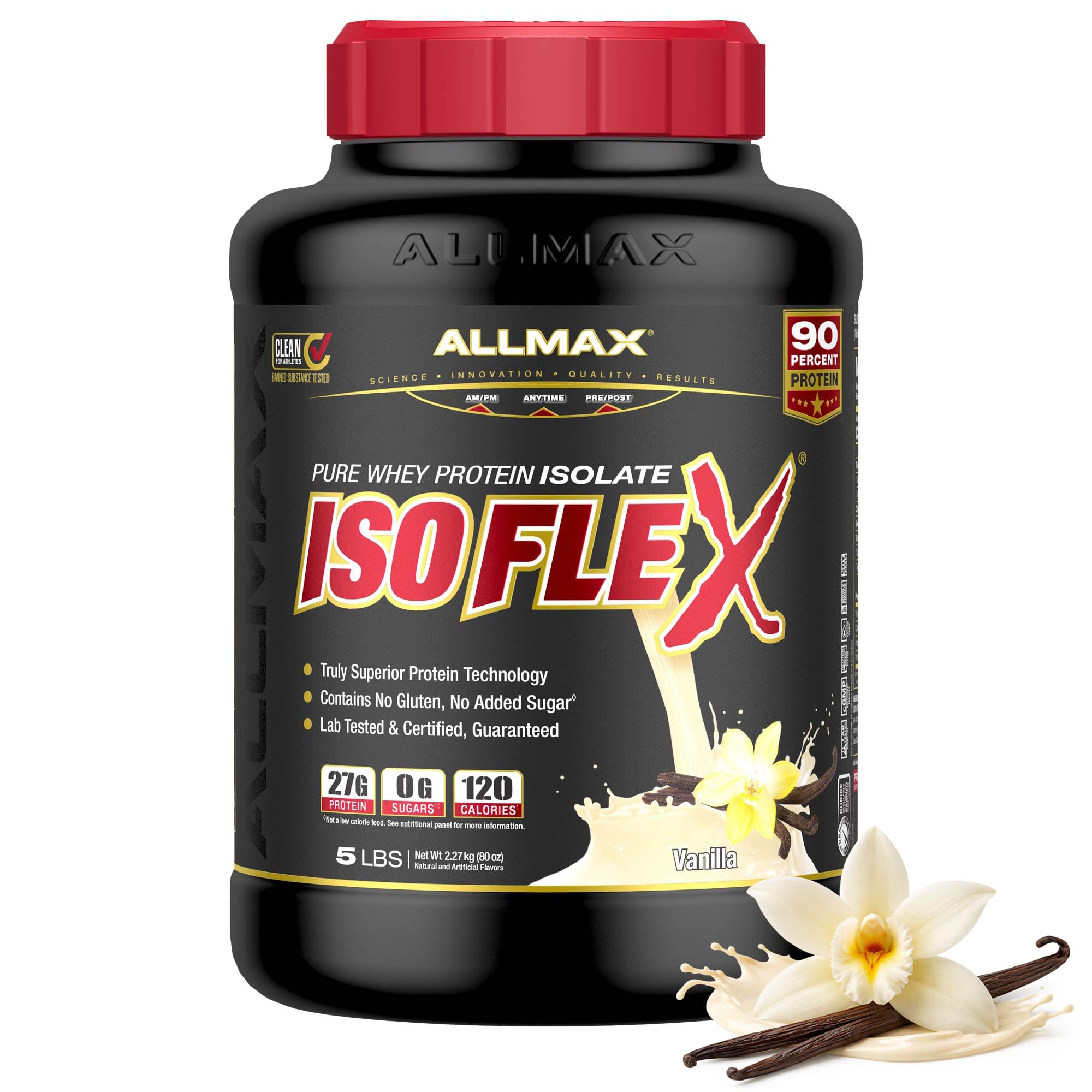 ALLMAX Isoflex Vanilla frente del envase, proteína de alta pureza para recuperación muscular.