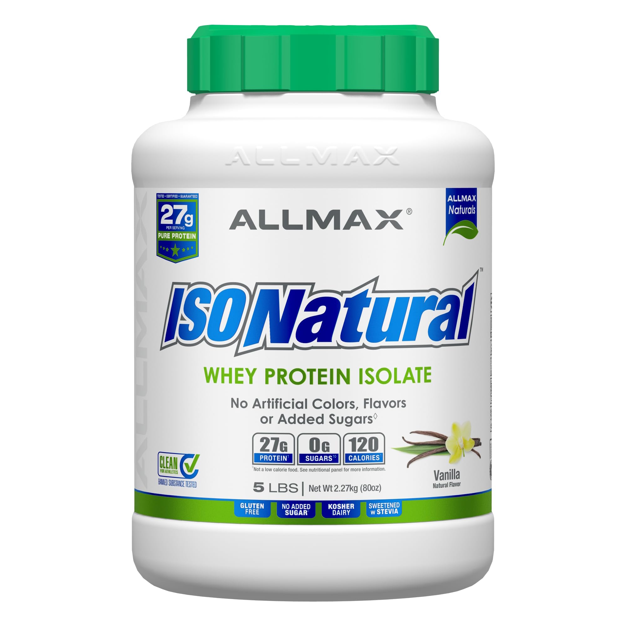 ALLMAX ISONATURAL, lata de 5 lb, proteína de suero aislada con vainilla.