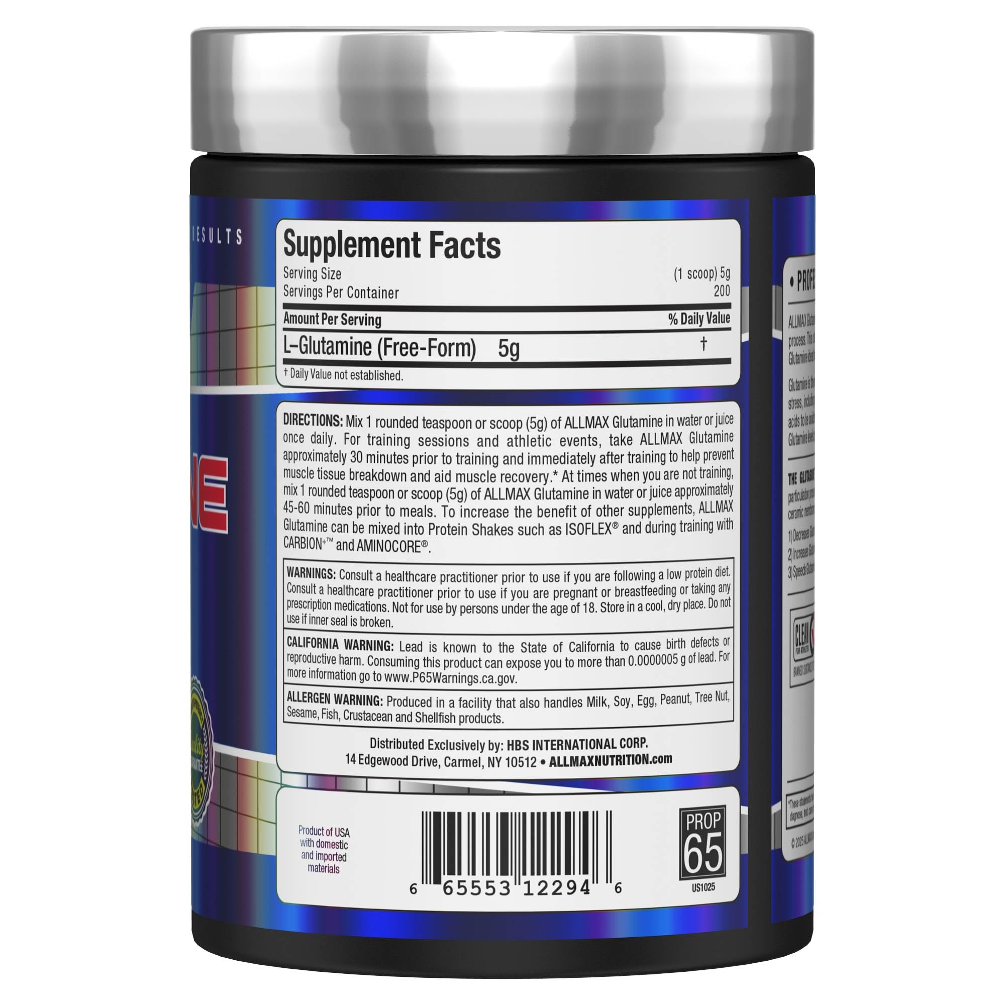 ALLMAX L-Glutamina se disuelve rápido en agua o batido