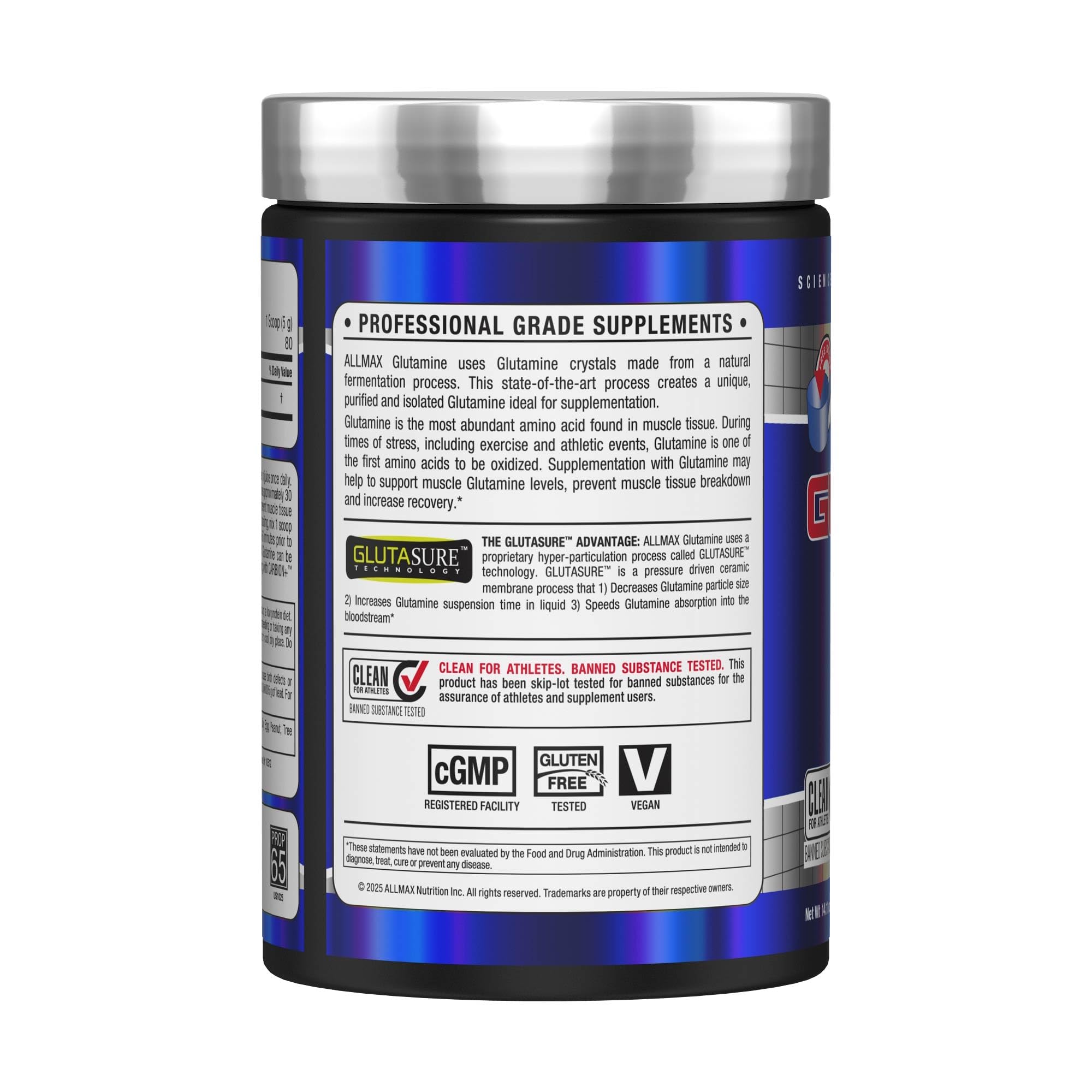 ALLMAX L-glutamina en polvo mezcla suave en agua para facilitar la ingesta