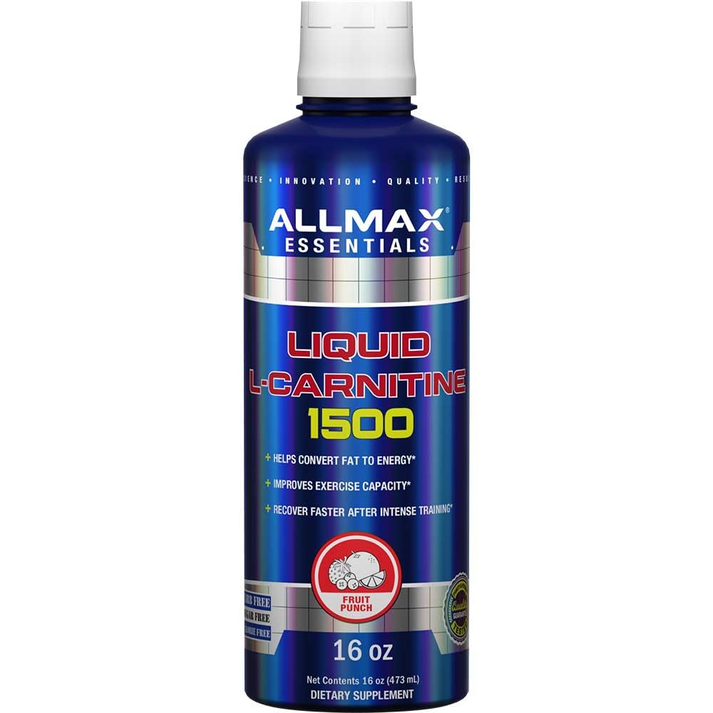 ALLMAX Líquido L-Carnitina 1500 mg, botella Fruta Punch para energía sostenida durante el entrenamiento.