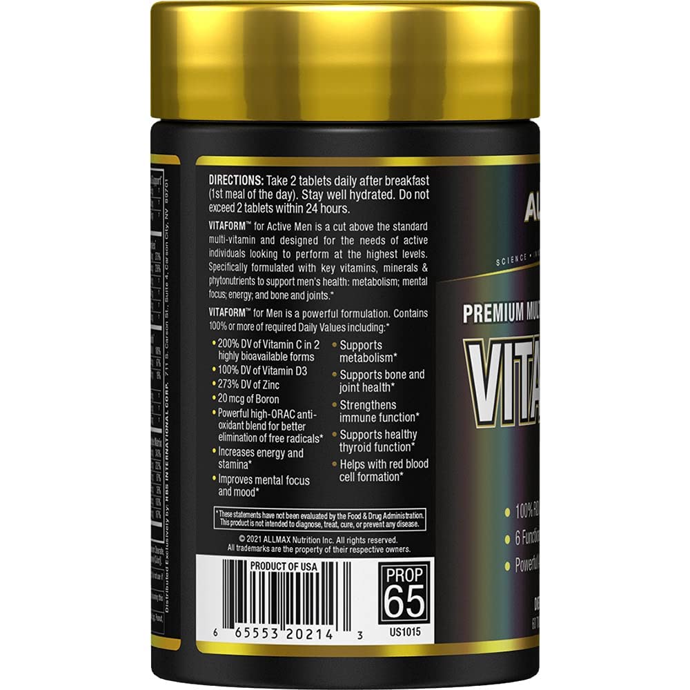 ALLMAX Vitaform etiqueta frontal, información clara para nutrición masculina