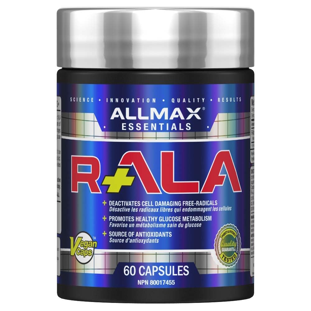 ALLMAX R+ALA botella muestra el envase y su posible impulso de energía para entrenamientos.