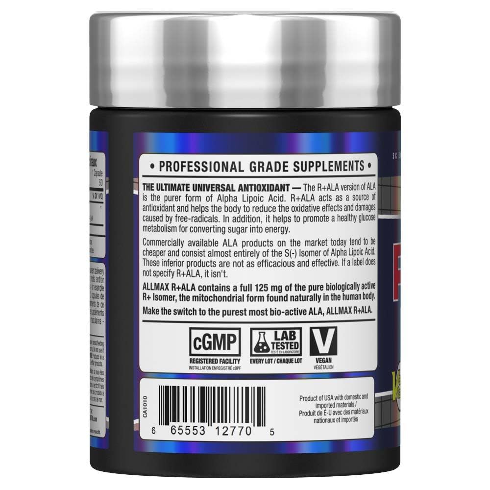 ALLMAX R+ALA cápsulas listas para tomar y apoyar la entrega de nutrientes.