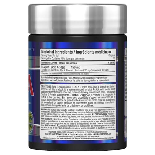 ALLMAX R+ALA etiqueta mostrando ingredientes de alta pureza y antioxidantes.