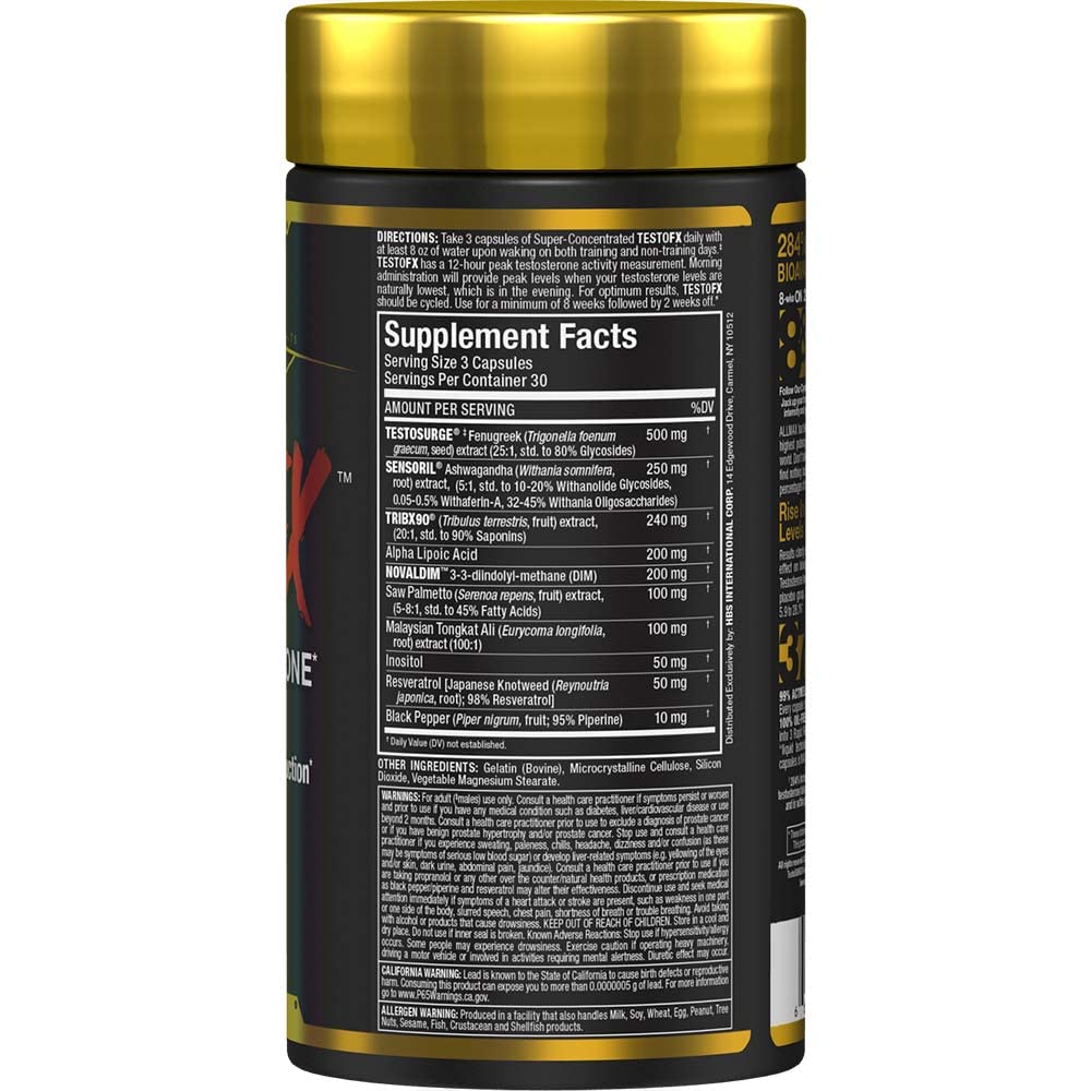 ALLMAX TESTOFX etiqueta del producto, información clara sobre ingredientes.