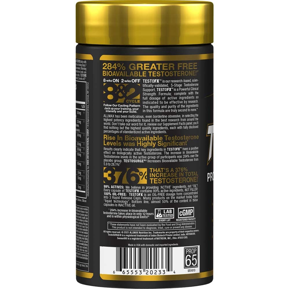 ALLMAX TESTOFX tarro de cápsulas, opción conveniente para uso diario.