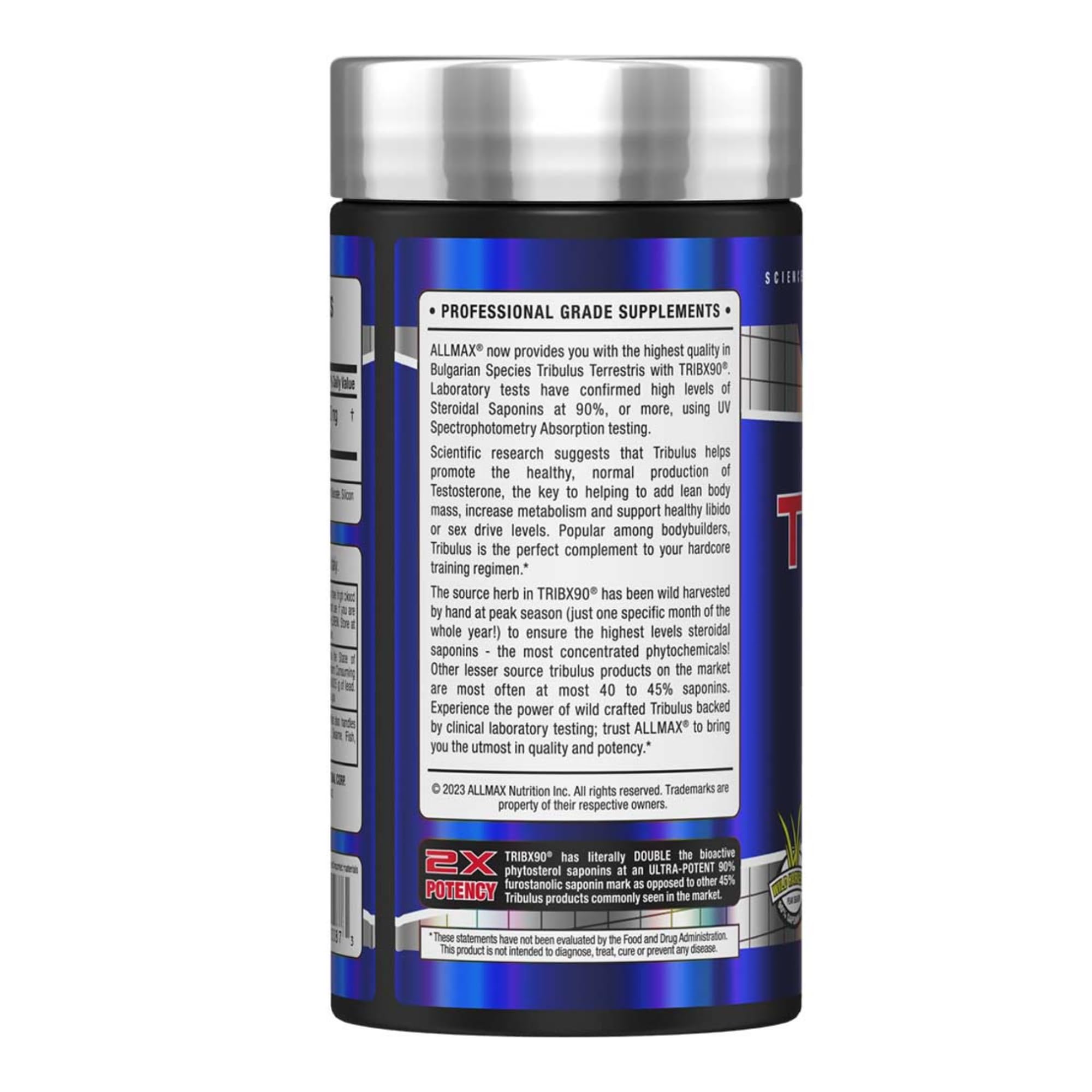 Etiqueta de ALLMAX TRIBX90 con indicaciones de uso diario.