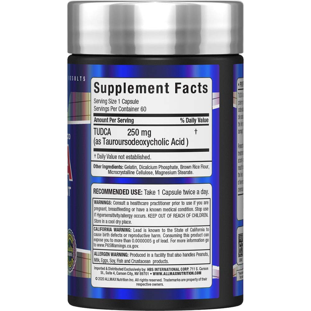 ALLMAX TUDCA+ etiqueta frontal, información de calidad