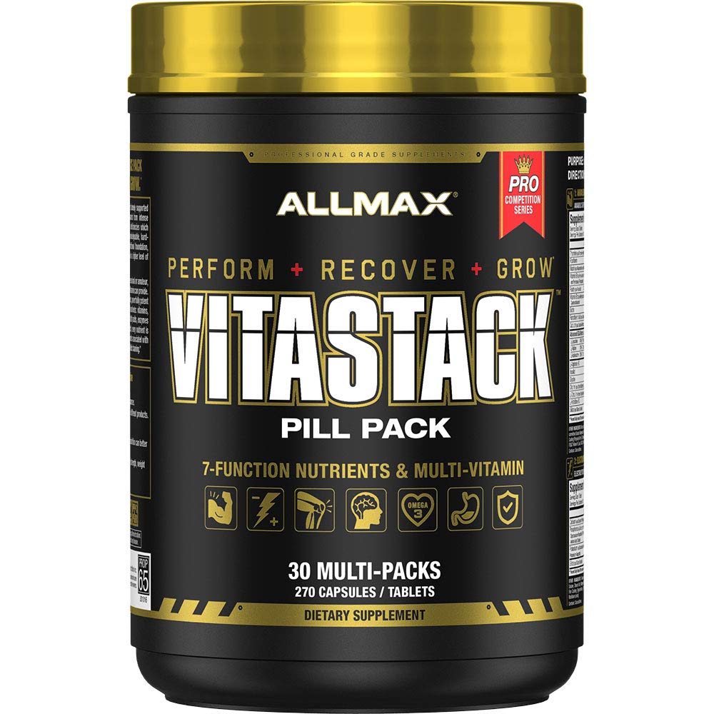 ALLMAX Vitastack, vista frontal de la caja con paquetes 30 para energía diaria.