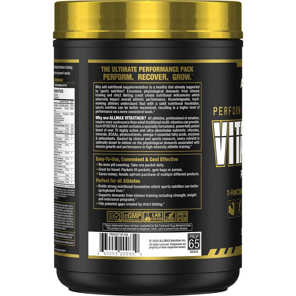ALLMAX Vitastack, tabletas de nutrientes para recuperación y rendimiento sostenido.