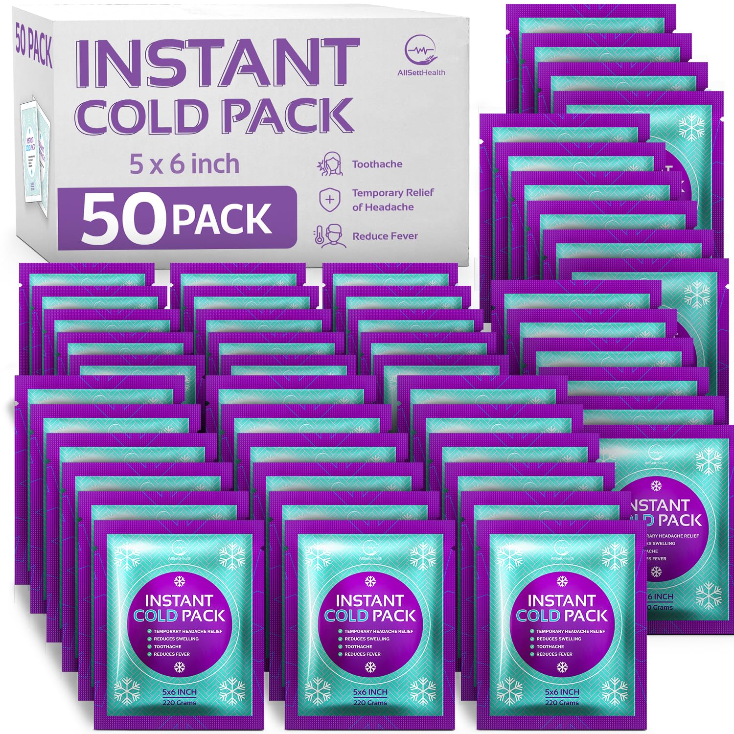 AllSett Health bolsas fría instantánea 6x5, 50 unidades para alivio rápido