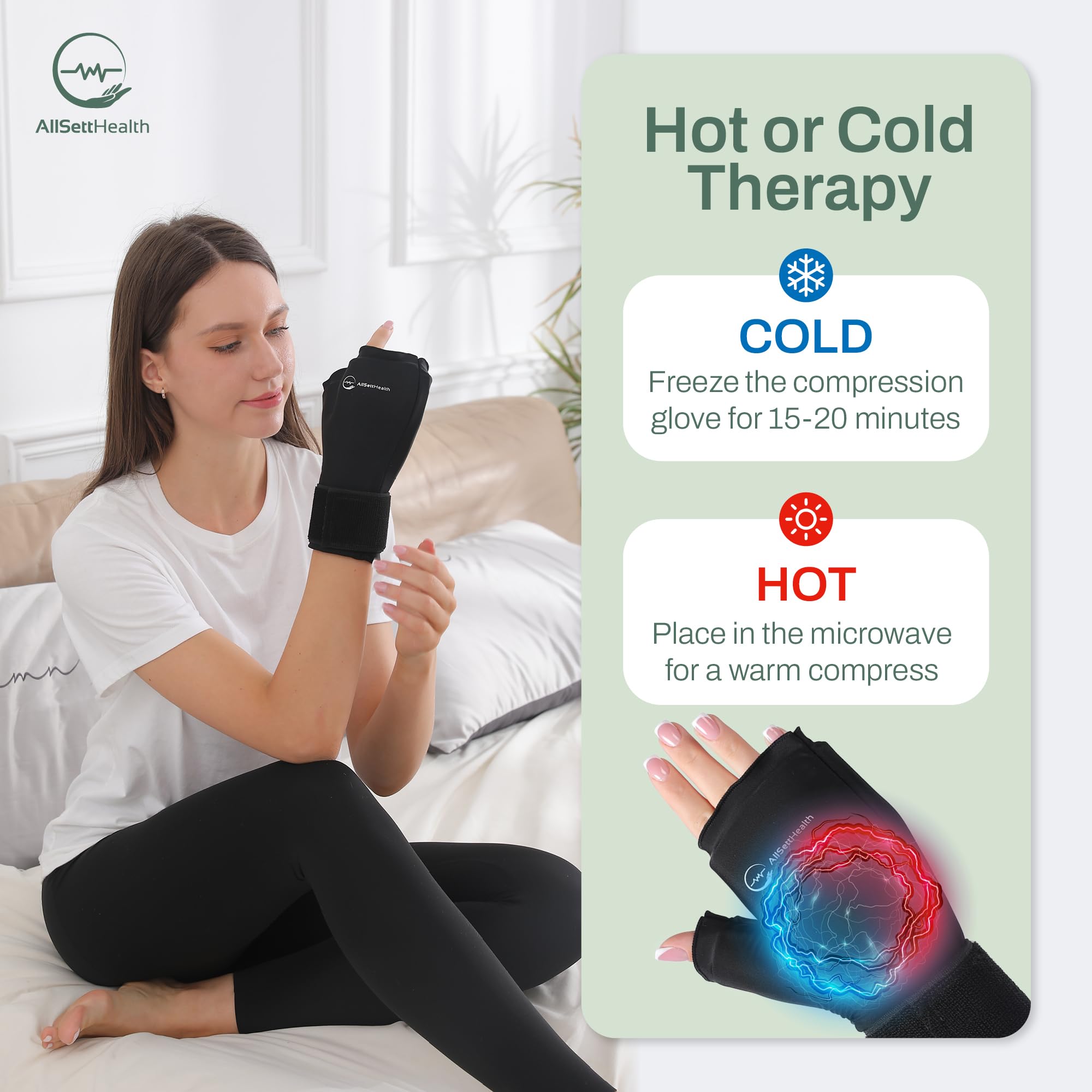 AllSett Health Muñeca gel flexible: confort duradero incluso tras congelar.