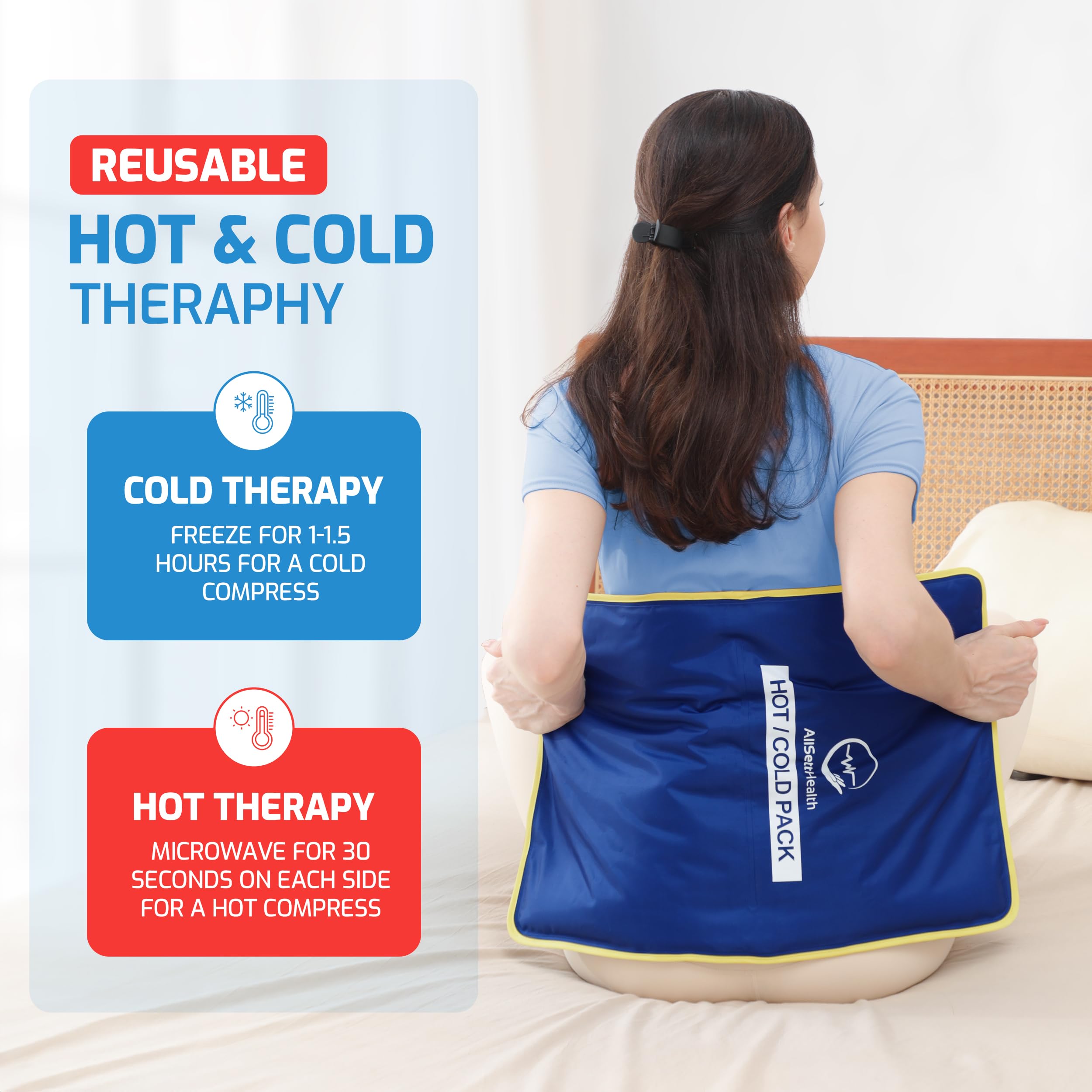 AllSett Health pack gel frío-calor, uso flexible para dolor.