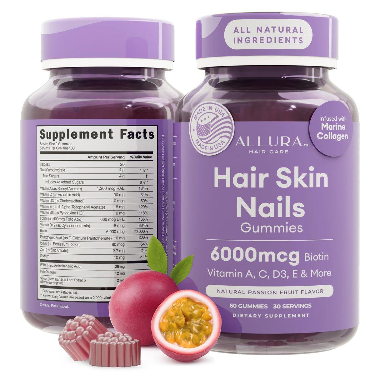 Gomitas ALLURA HAIR sabor maracuyá en frasco, apoyo a cabello saludable.