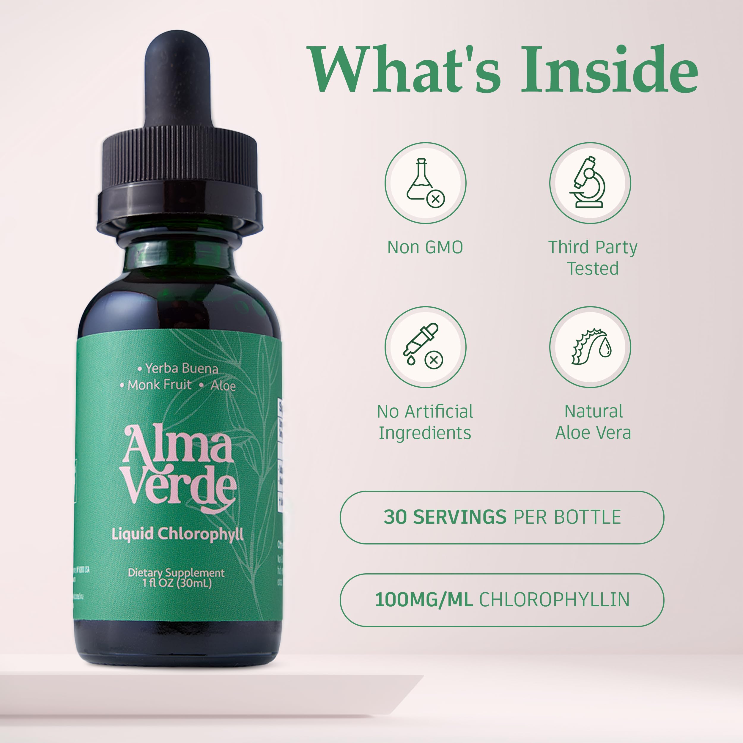 Alma Verde Gotas de Clorofila, etiqueta destaca ingredientes veganos y sin gluten