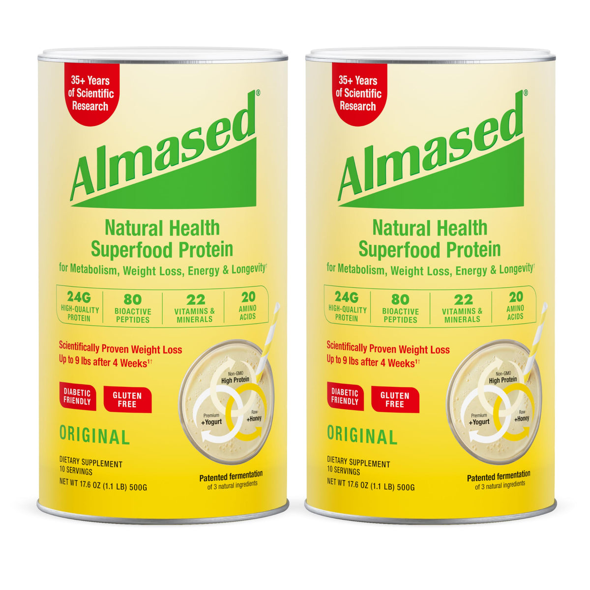 Almased: bote de polvo proteico multicomponente para desayuno rápido y balanceado.