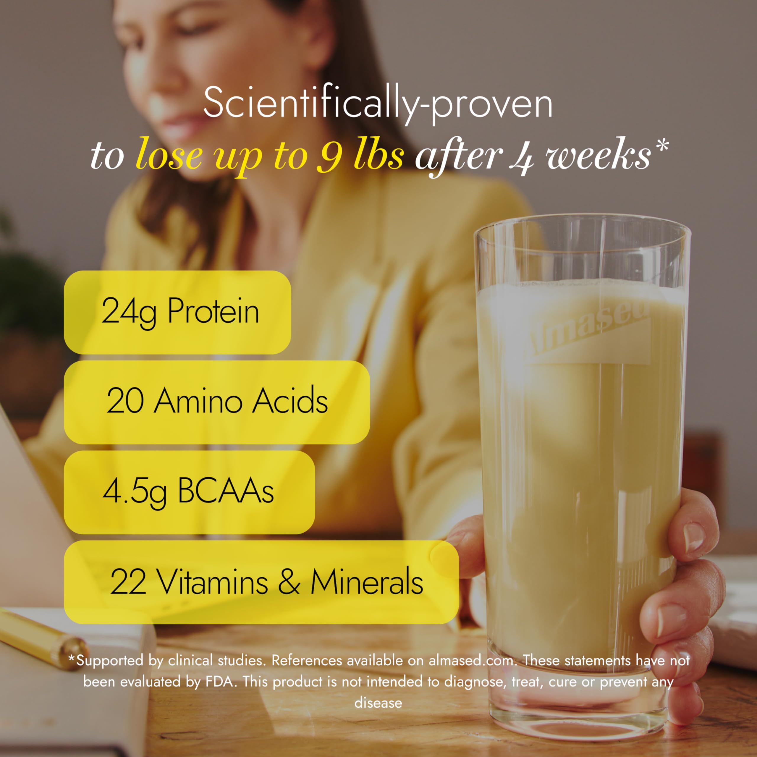 Almased etiqueta nutricional: información completa de proteína por porción.