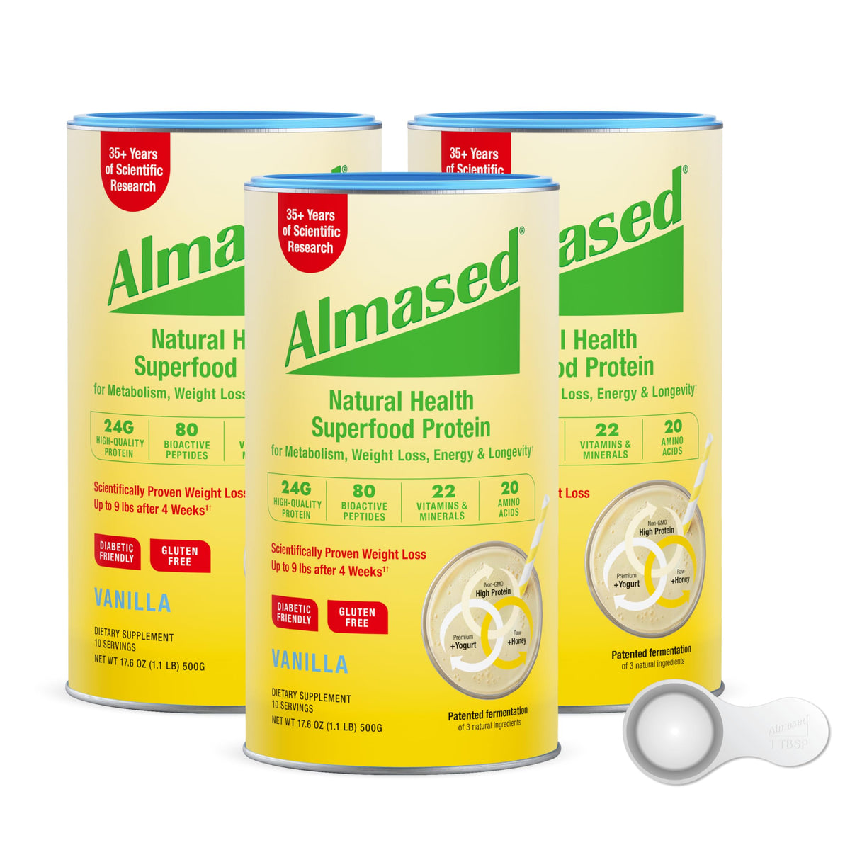 Almased proteína vainilla en lata para saciar el hambre entre comidas.
