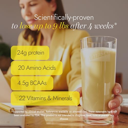 Almased batido en vaso listo para tomar como reemplazo de comida.