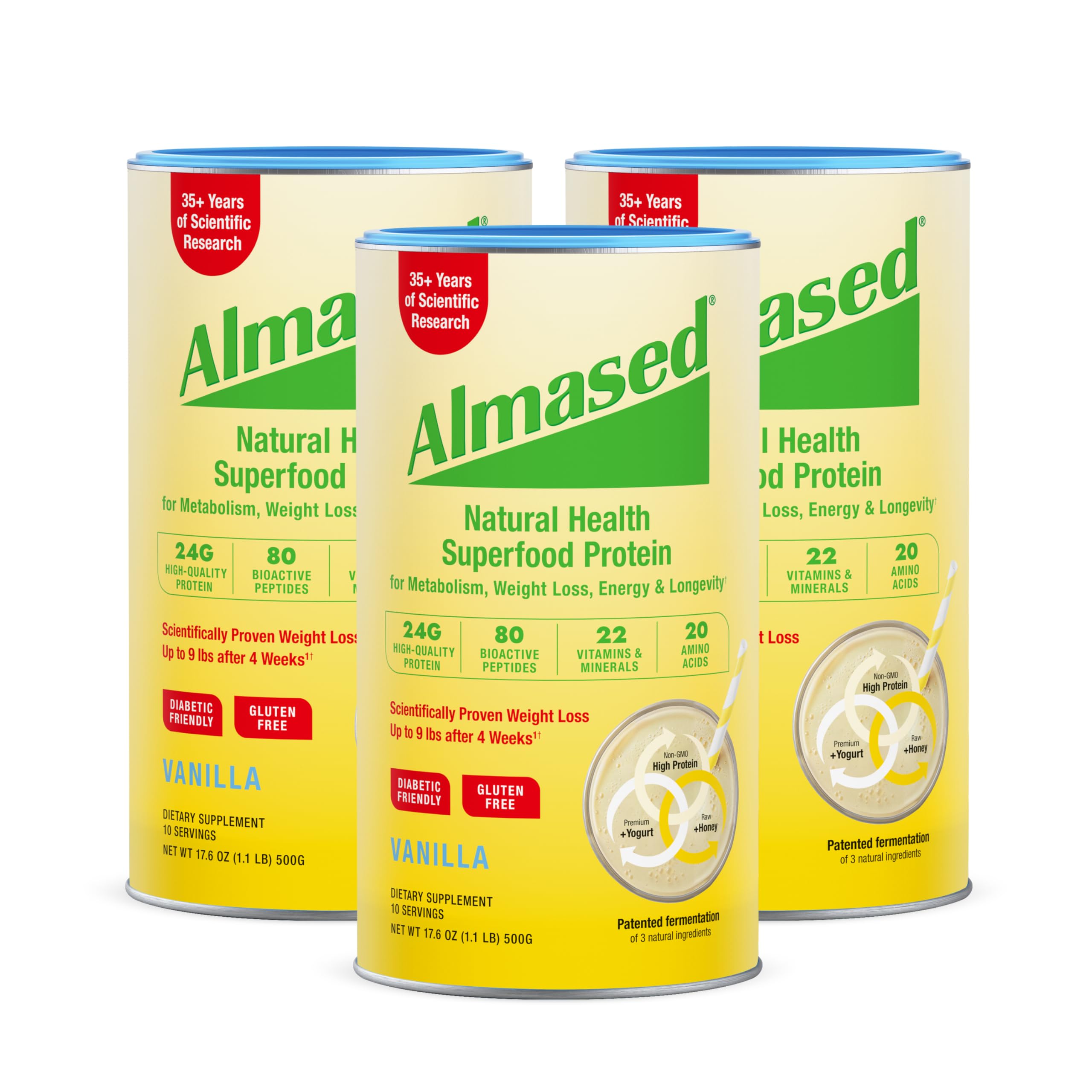 Almased vainilla envase 3-pack ideal para uso diario y conveniencia.