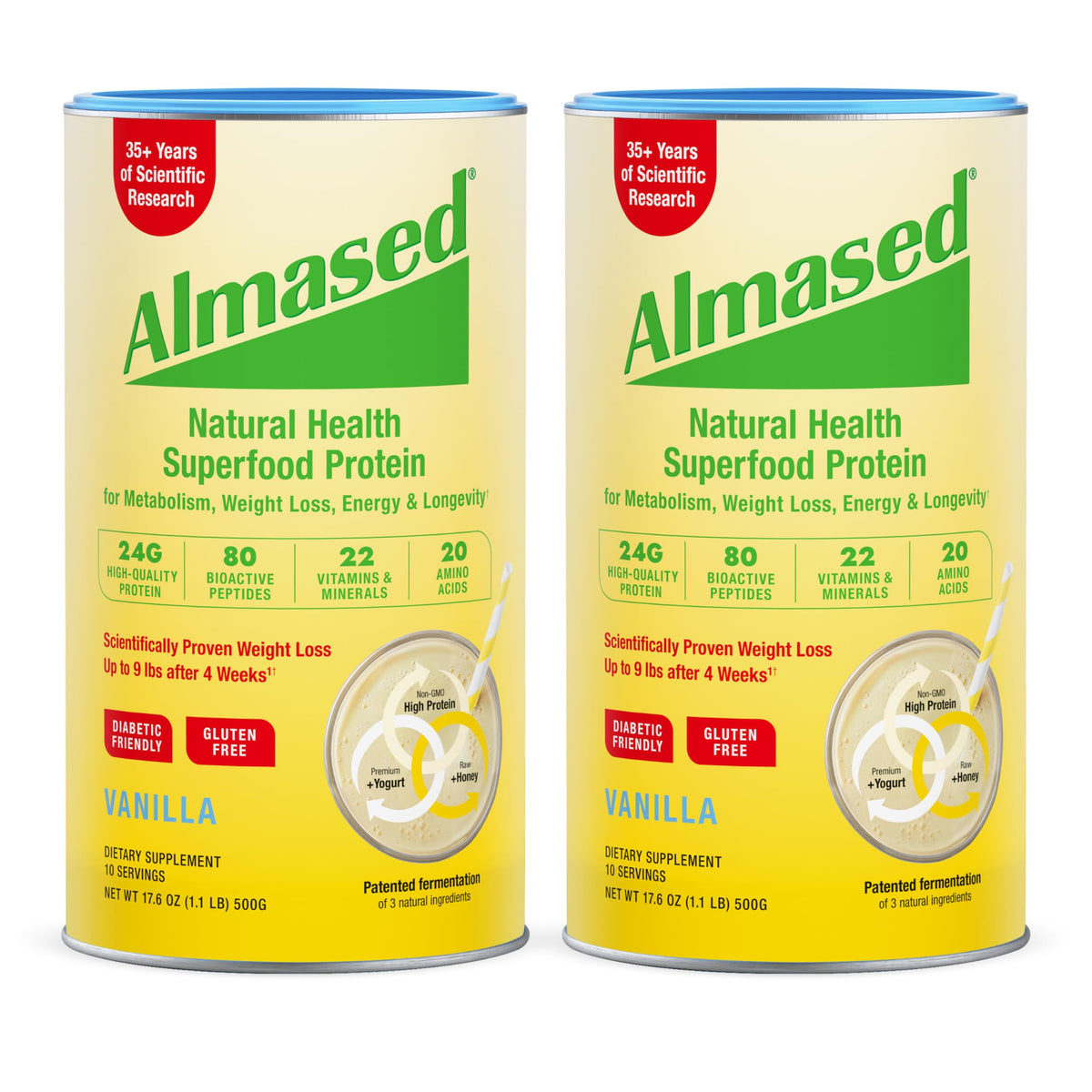 Almased vainilla, batido en vaso, opción rápida para el desayuno saludable.