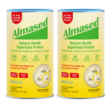 Almased vainilla, batido en vaso, opción rápida para el desayuno saludable.