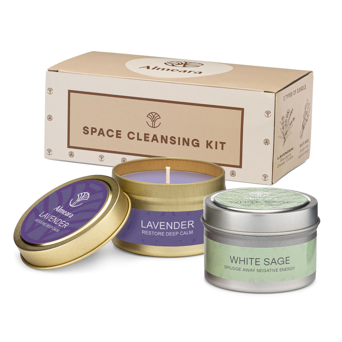 Vela Almeara Salvia Lavanda en jarras metal con aroma calmante para meditación