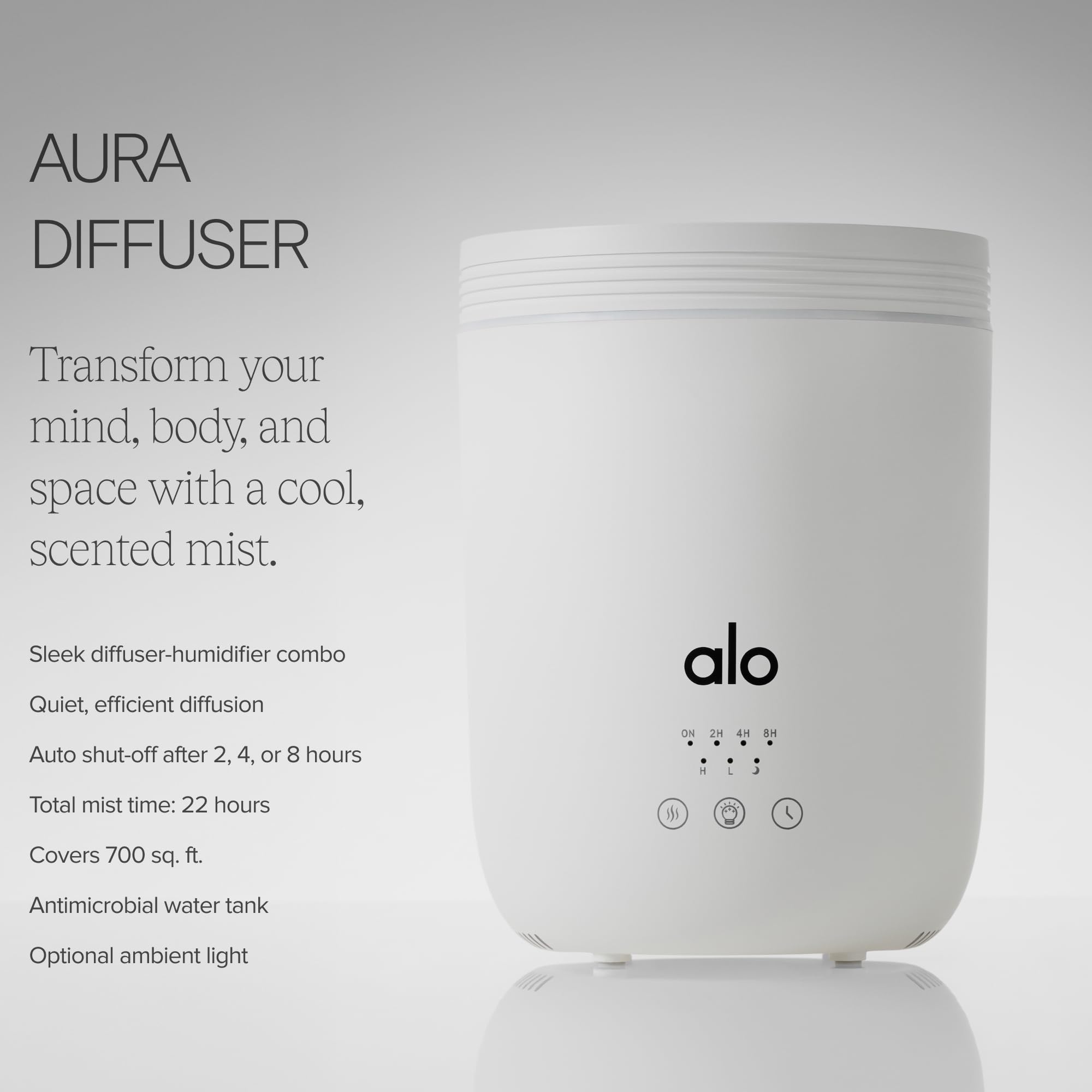 Difusor ALO Aura de diseño delgado, ideal para espacios pequeños.