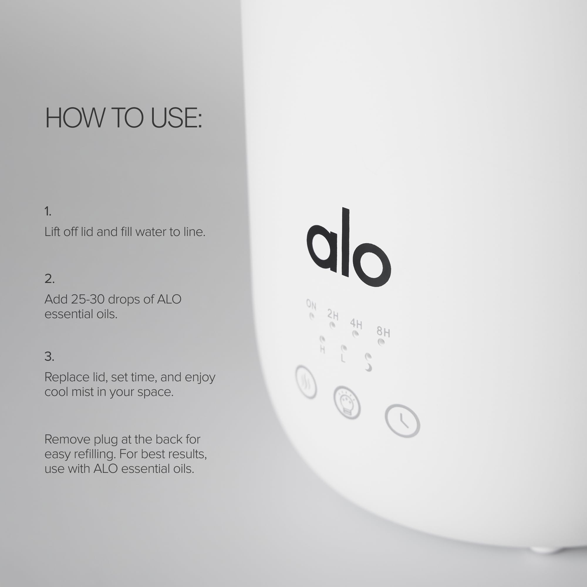 Difusor ALO Aura para uso en hogar, control de aroma y humedad.