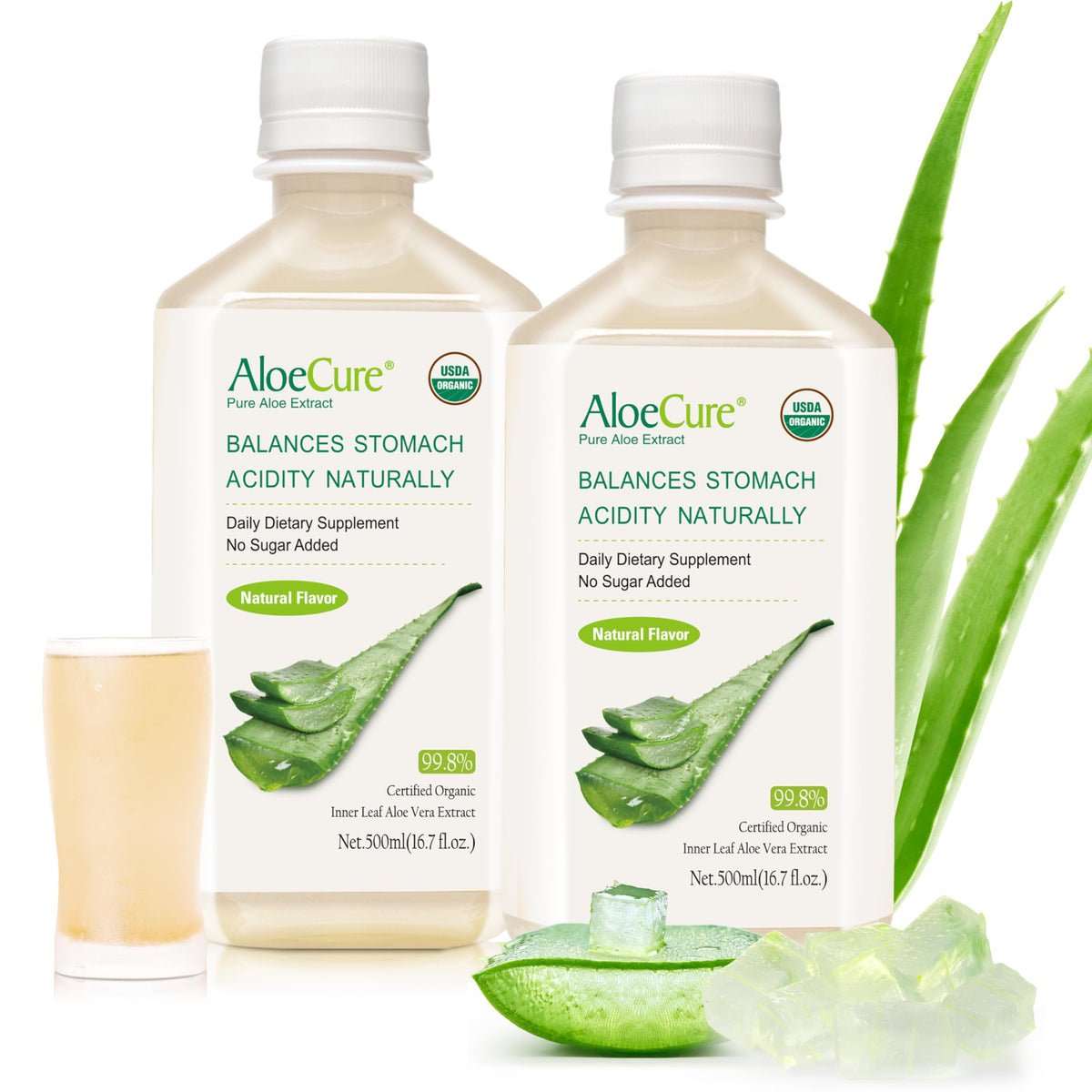 AloeCure: botella de jugo de aloe orgánico para apoyar la digestión diaria.