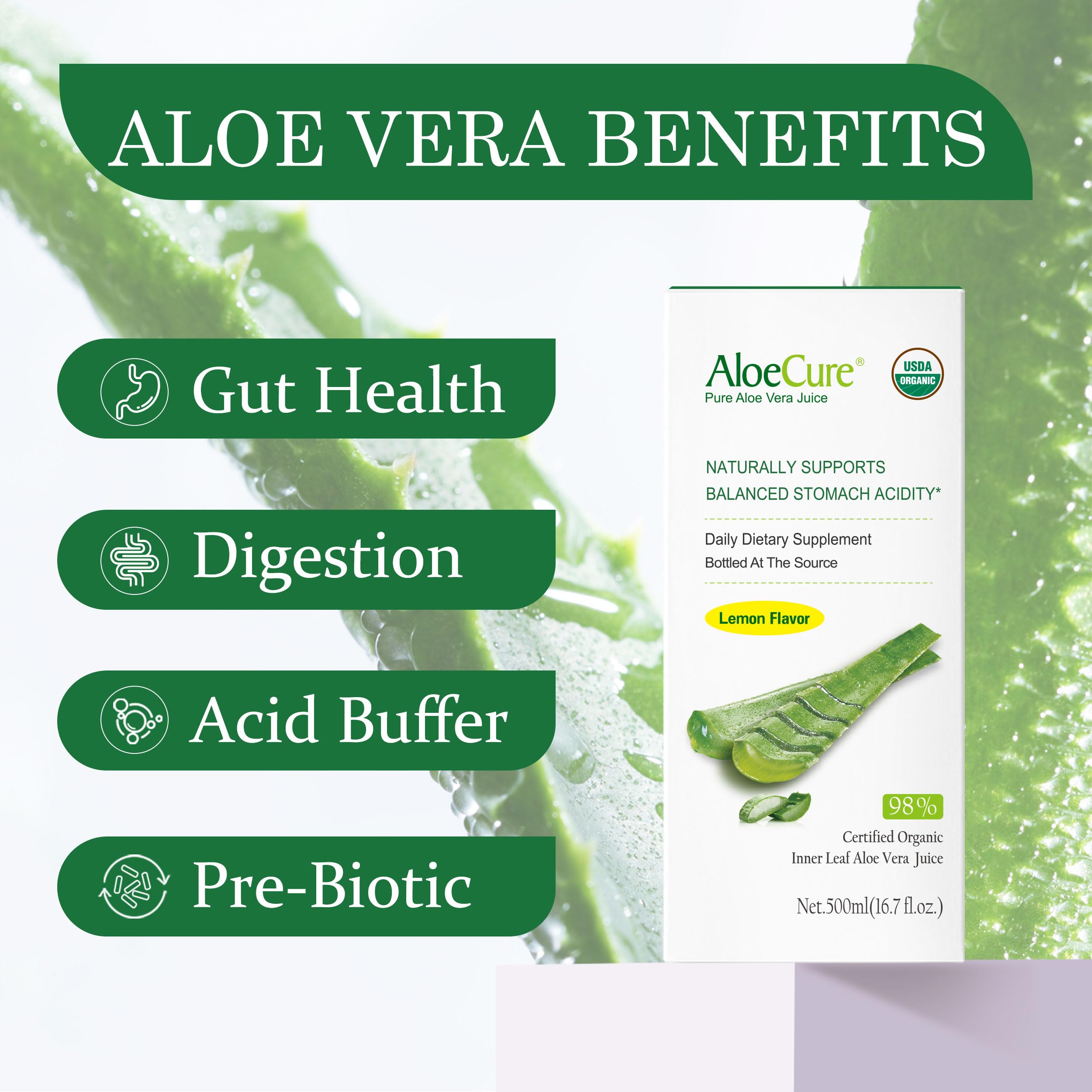 AloeCure bebida aloe limón en vaso, refrescante y apta para rutina diaria.