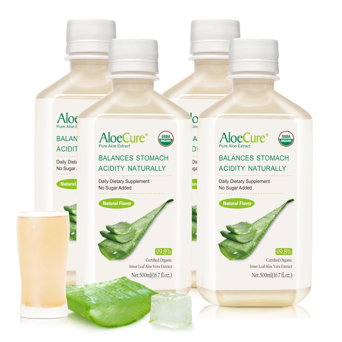 AloeCure botella de jugo de aloe vera de 500 ml para apoyar la digestión diaria.