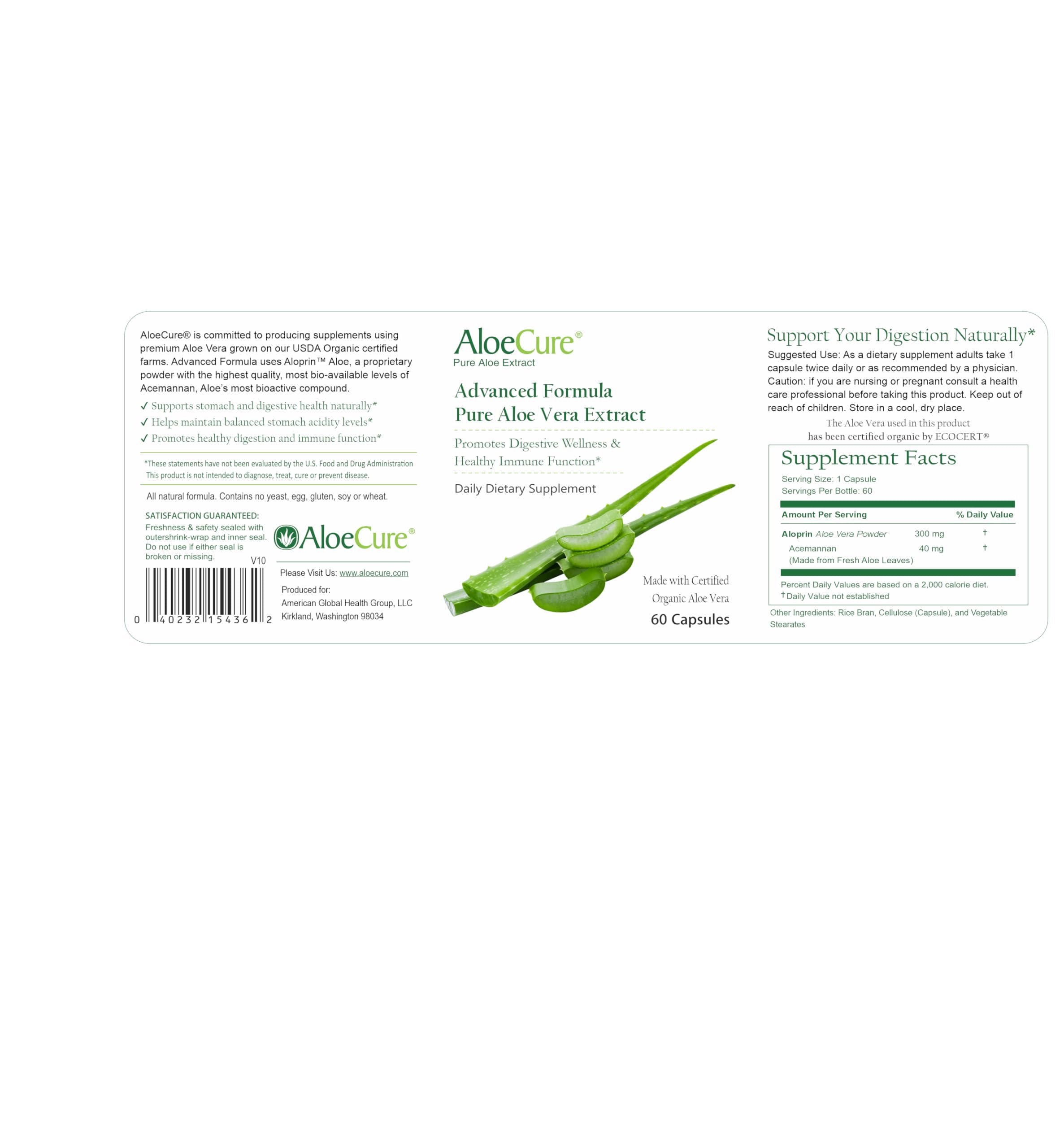 Envase de 60 cápsulas AloeCure, complemento natural para salud general.