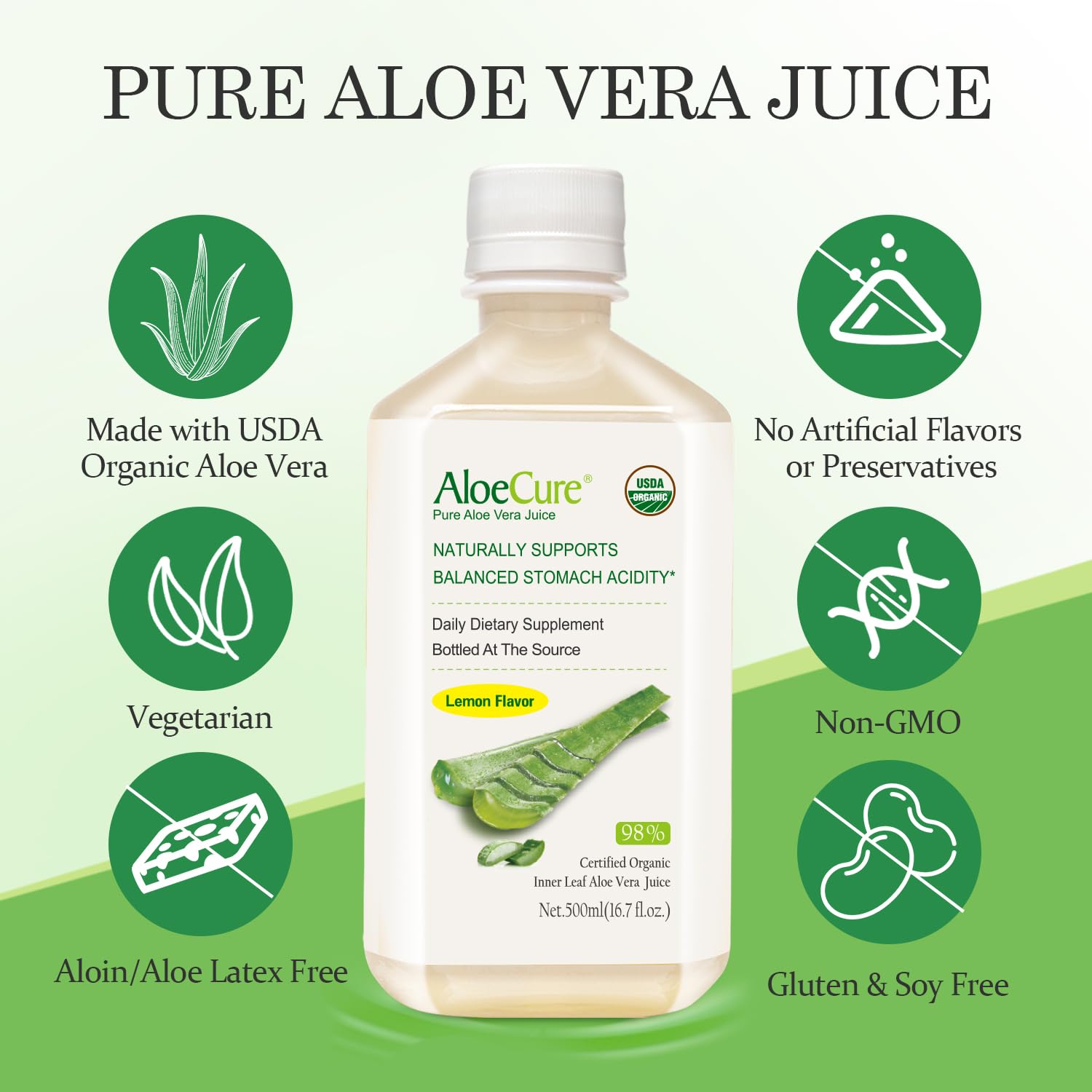 AloeCure etiqueta orgánica USDA, garantía de ingredientes naturales de calidad.