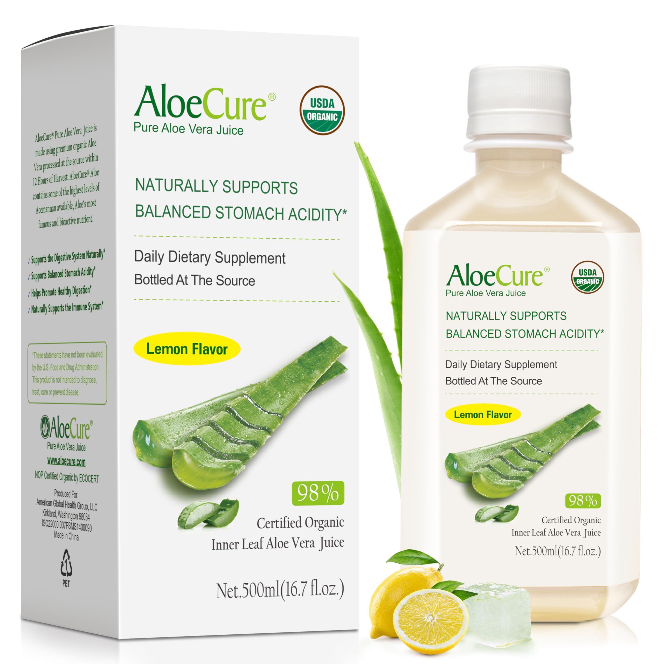 AloeCure jugo aloe limón botella: sabor refrescante y apoyo digestivo diario.
