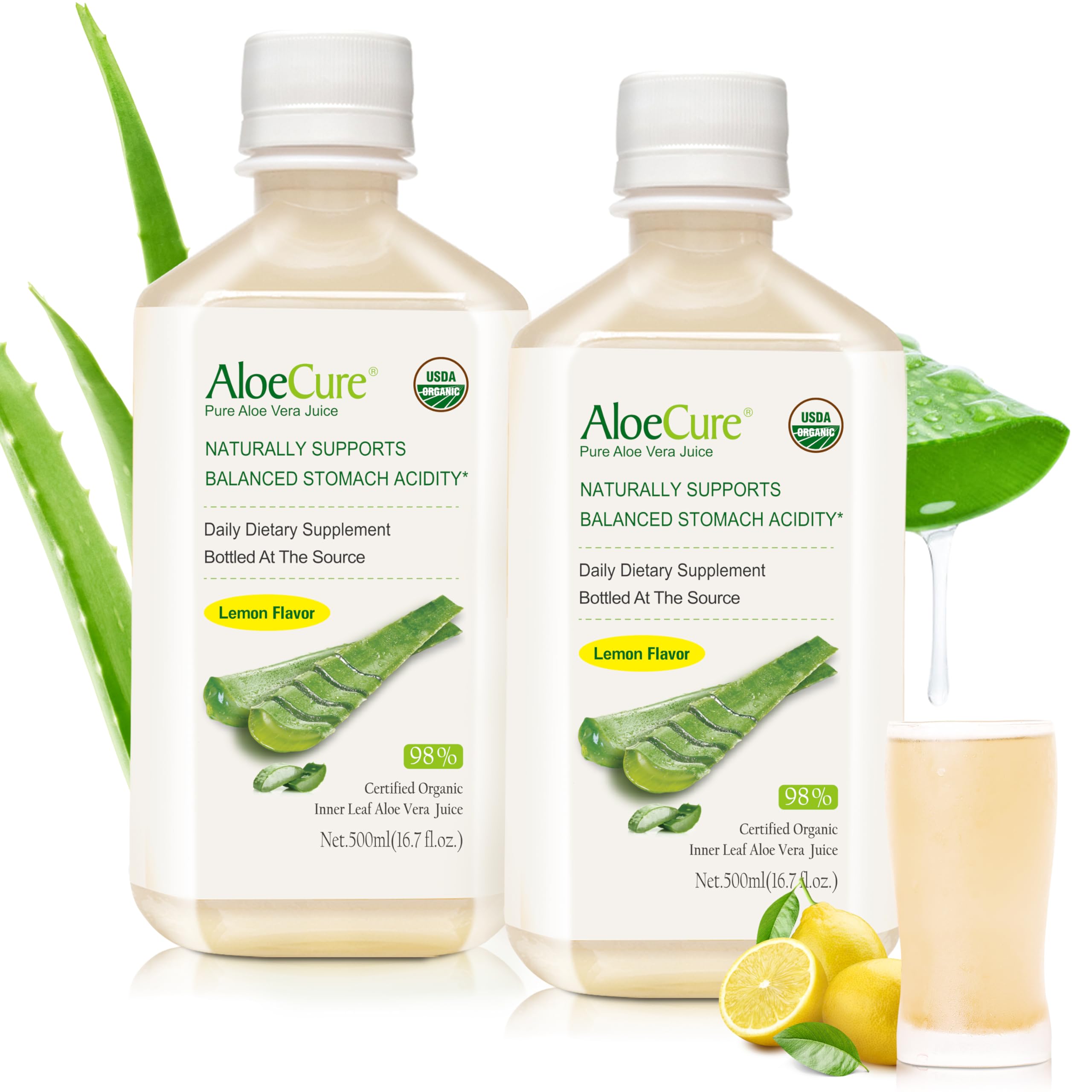 AloeCure jugo de aloe vera con limón en botella, ideal para consumo diario.
